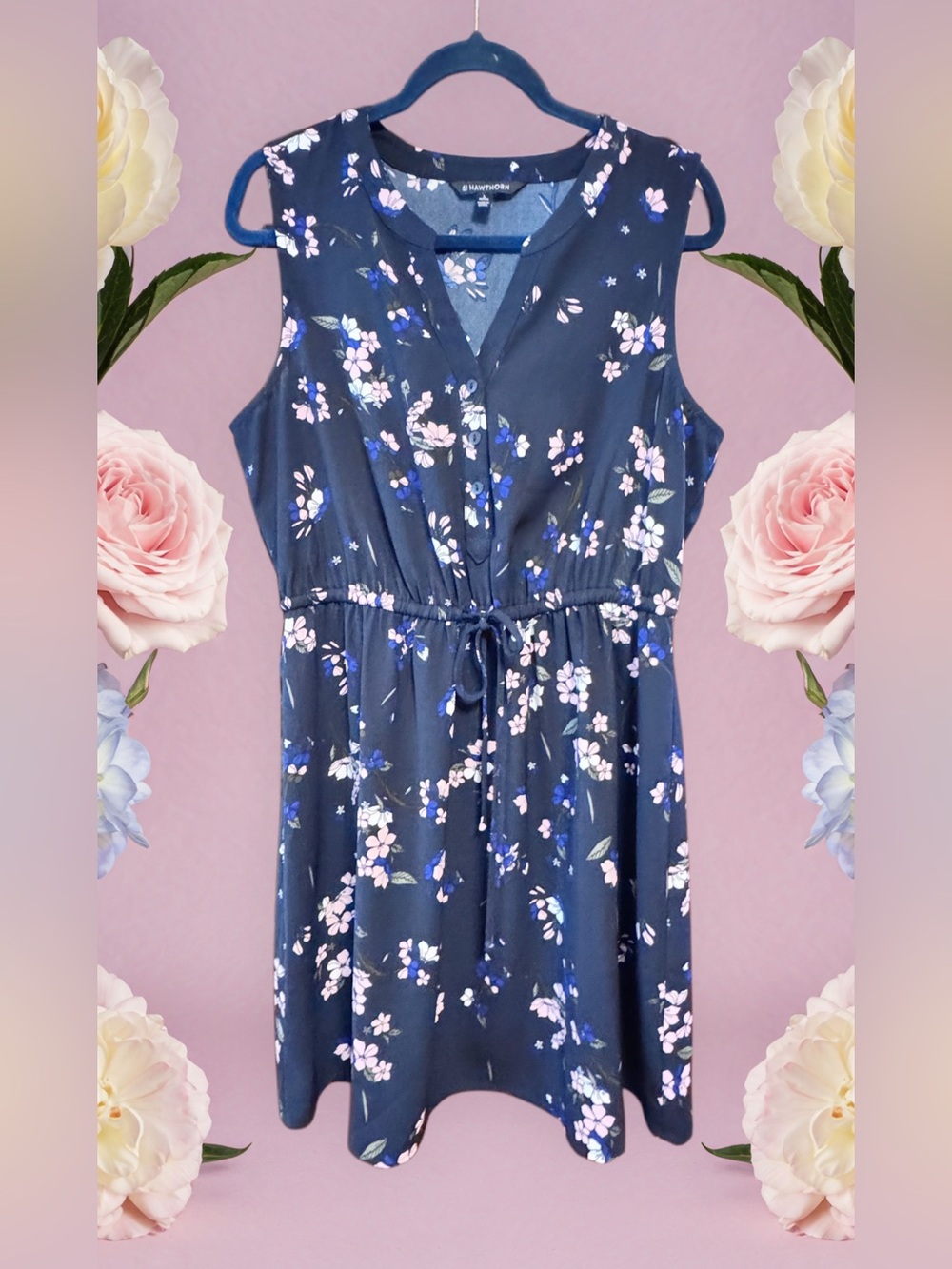 41 Hawthorn from Stitch Fix Navy Floral Tie-Waist Sleeveless Dress size Large